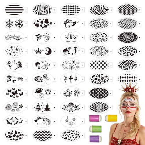 EAPIKON 44 Plantillas Pintacaras con 4 Esponjas de Dedo, Plantilla Pintura Faciales Cara para Niños Adulto, Stencil Corporal Infantil Reutilizables para Halloween Fiestas de Maquillaje Carnaval