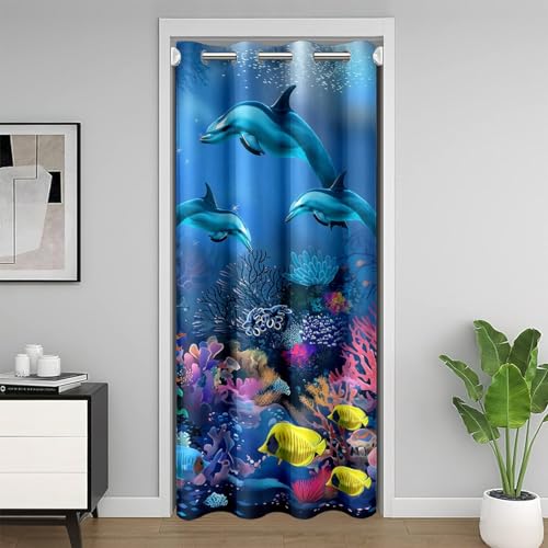 Rideau de Porte de Dauphin Mignon Pour L'Intimité de Porte,Rideau D'Occultation Poisson Jaune Tropical 86x203,Rideau de Porte D'Algue Corail Coloré,Rideau de...