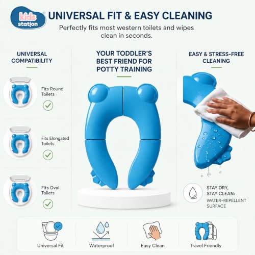 Image of Kids Station Baby Portable & Foldable Baby Unisex Potty Training Toilet Seat with Non-Slip Base, Splash Guard, and Storage Hook-Ideal for 0-6 Year Child, Travel-Friendly (Blue, Foldable Potty Seat)