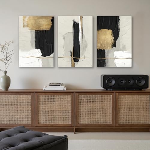 Image of DUWQU Abstract Brushstrokes Canvas Wall Art Black White Gold 20x30 inch x3 | Wooden frame, UV-resistant ink, Giclee printing process, Pre-installed hooks make it easy to hang home or office wall decor