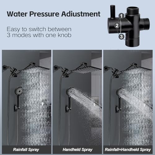 Shower Head,10”Rain Shower Head with Handheld Spray Combo and Adjustable Extension Arm/3-Way Flow Regulator/Shower System,High Pressure Rain Fall Hose,Matt Black