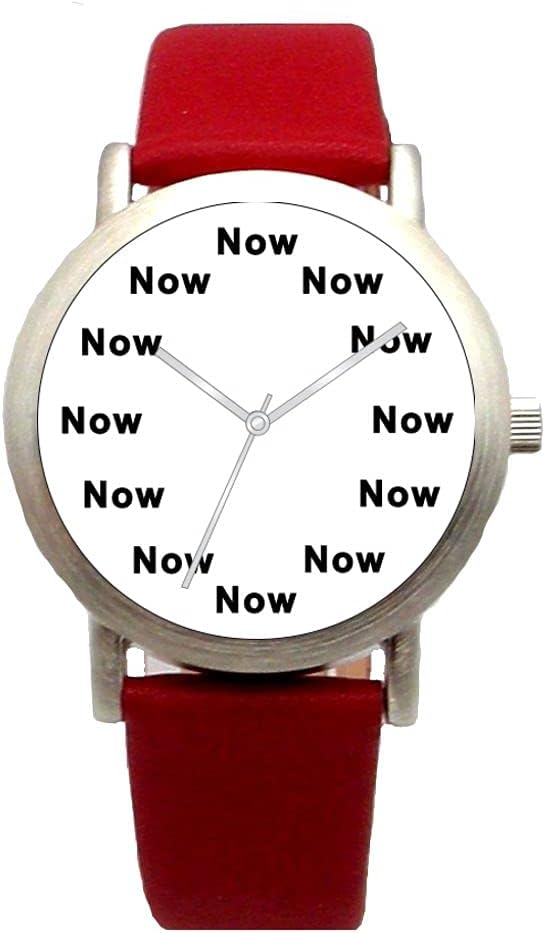 Now Is The Time That Is Shown Each Hour on The White Dial of The Brushed Chrome Round Unisex Watch with a Red Leather Strap