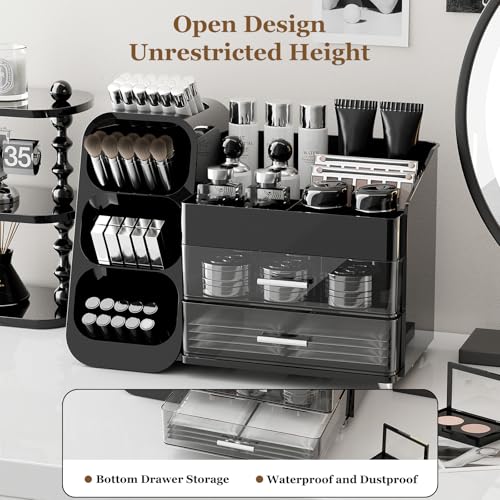 FoiiLiio Make Up Kosmetik Organizer mit 2 Schubladen, Multifunktion Schminktisch Organizer, Einfache Aufbewahrung für Pinsel Lippenstift Skincare für Schminktisch, Bad und Schlafzimmer(Schwarz)