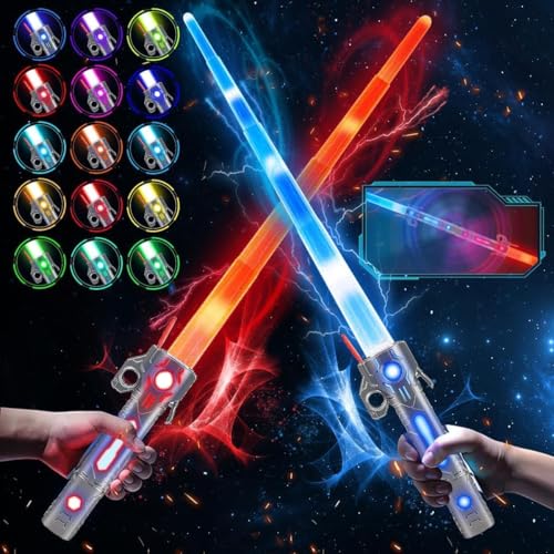 VATOS 2PCS Rechargeable Sabre Laser pour Enfants,15 Couleurs Changeantes de Combat Simulés Sabres Laser à LED avec Son,Sabre Laser Rétractable 2 en 1 avec...