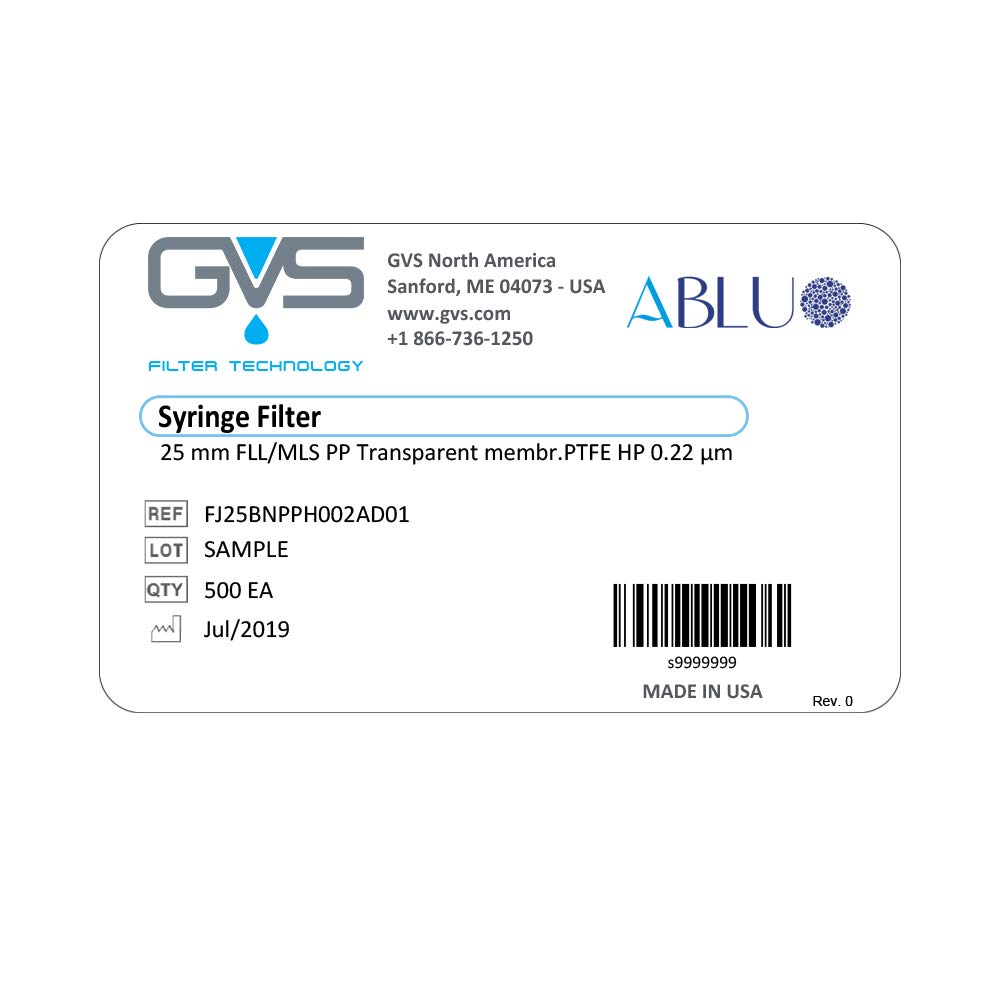 GVS Filter Technology, Filtre Seringue, ABLUO, 25mm, Membrane PTFE HP, 0.22µm, Chambre PP, 100/pc