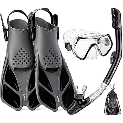 CAPAS Snorkel Mask Fins Set, Travel Size Snorkeling Gear for Adults with Short Adjustable Swim Fins, High Resistant Scuba Diving Mask and Dry Top Snorkel, Come with a Carrying Bag (Black, L/XL) Cover