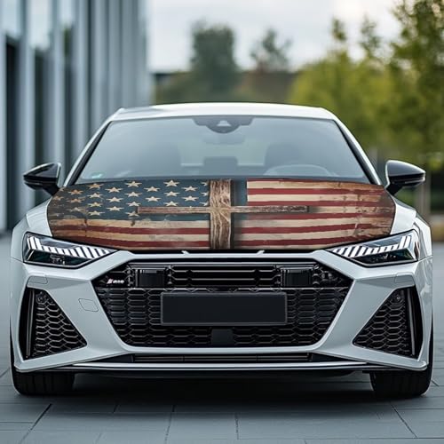 Image of Cross American Flag Pattern Car Hood Cover Stretchable American Hood Flag, 59.05 inchx39.37 inch, Premium Sublimation Print Car Hood Flag with Elastic Band