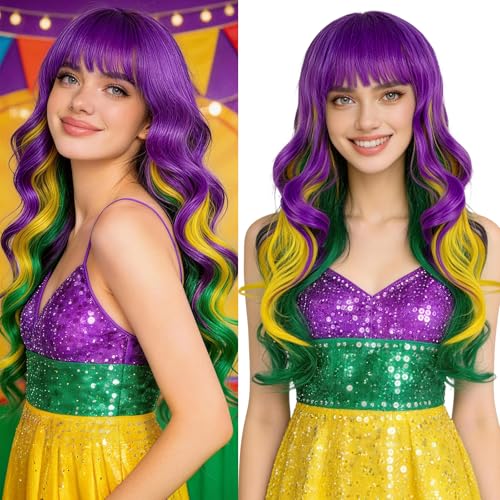 MEEZY Mardi Gras Long Wavy Wig with Bangs for Women Men Purple Yellow Green Ombre Fun Party Hair Colored Curly Wigs with Hair Cap for Carnival Cosplay Fancy Dress Halloween Costume Neon Party