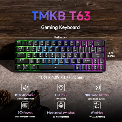 Image of TMKB T63 Gaming Keyboard, 60% Wireless Mechanical Keyboard with Bluetooth /2.4G /Type-C, Compact 63 Keys Anti-Ghosting, RGB Backlight, Linear Red Switch - Black