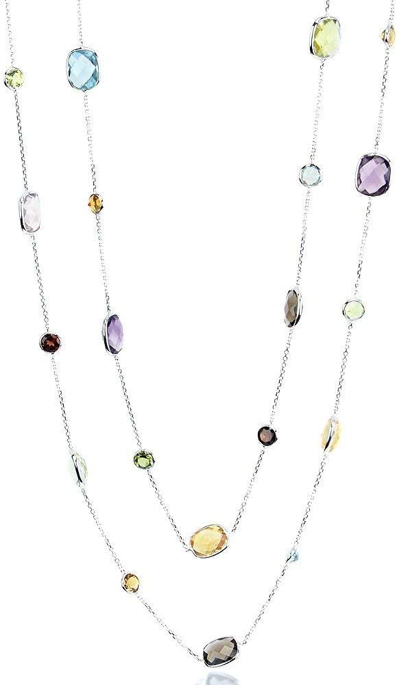 14K White Gold Station Necklace With Cushion Cut And Round Gemstones 36 Inch