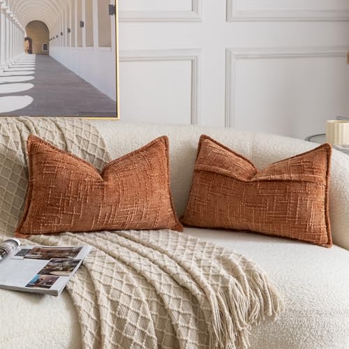 Image of MADIZZ Pack of 2 Chenille Throw Pillow Covers 12x20 Inch Rust Soft Neutral Decorative Throw Pillows for Couch Sofa Boho Accent Cushion Covers Modern Farmhouse Home Decor for Bedroom Living Room