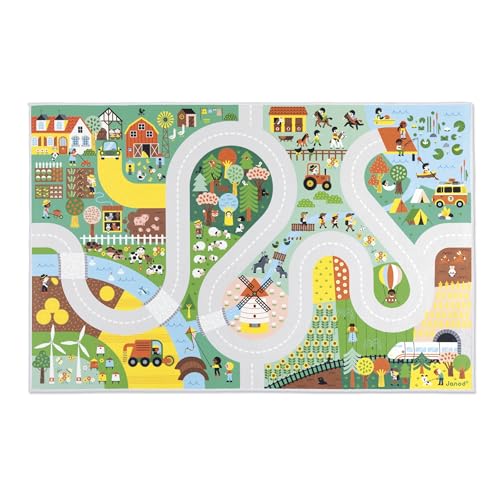 Janod - Teppich Auto Kinder - Thema Land - Weich & rutschfest - Motiv Bauernhof & Wald - Spielteppich Zimmer Mädchen & Junge - 120 x 78cm - Handwaschbar - Ab 2 Jahre - J05930