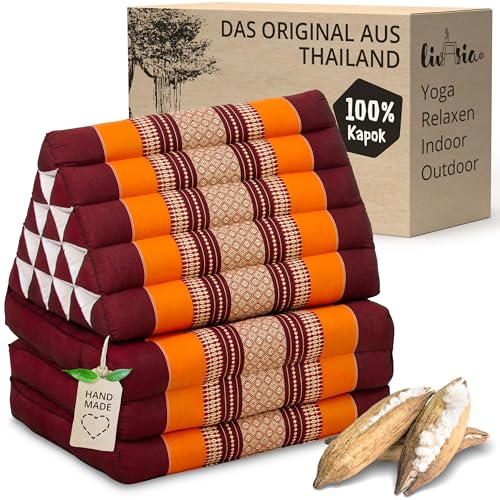 livasia Thaikissen 3 Auflagen extrahoch - 185x55x8cm - Dreieckskissen mit Klappmatratze, Kapok, Jumbo Rückenkissen faltbar, Thaimatte Klappen, handgefertigt, Meditationskissen (Orange)