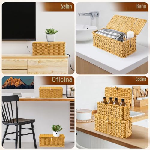 Miniatura 8 de Gucass Juego De 2 Organizadora Cables De Ratán, Cajas Guarda Cables Con Tapa, Caja Para Cables Con 10 Bridas, Organizador Cables Caja Para Ocultar Regletas De Enchufes Y Cables, Para Oficina, Hogar