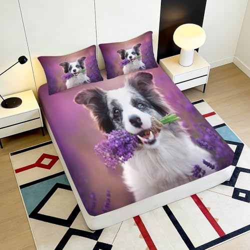 Drap housse imprimé 3D chien lavande avec bonnets élastiques profonds - 6