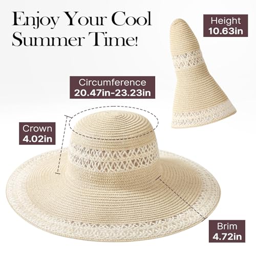 Image of Womens Beach Sun Straw Hat, Wide Brim Sun Hat Travel Foldable Summer Wind Lanyard UPF 50+