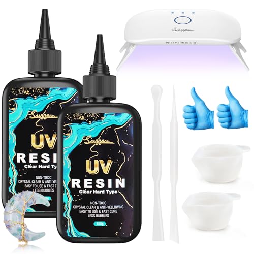 Suzzam UV Resin Set mit UV Lampe, 200g UV Harz kristallklares UV epoxidharz für DIY Kunst, Schmuck, Gießen und Beschichten - Geruchsarmer Ultravioletter Harz klar