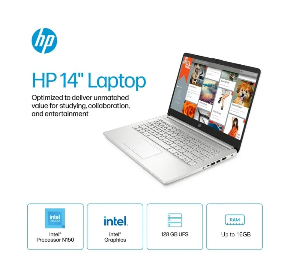 Image of HP Student Laptop, Intel Processor N150(up to 3.6 GHz),8G RAM, 256GB Storange (128GB UFS+128GB MSD) 14 Inch LED Screen,1 Year Office 365, Windows 11 Home,Silver,w /BTP Accessories