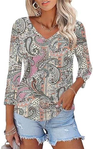 KTILG Women’s V Neck T Shirts 3/4 Sleeve Blouse Summer Tops Dressy Casual Solid Basic Tees