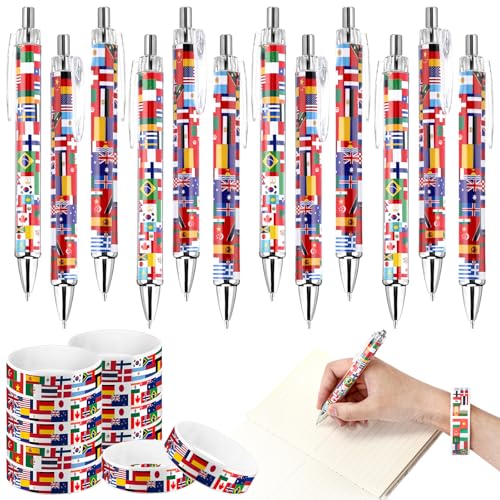 Sayglossy 24 Pcs Soccer National Flag Pens 2026 World Party Favors International Retractable Pens Country Flag Rubber Bracelets for Football Souvenir Around The World Decorations Multicultural Theme