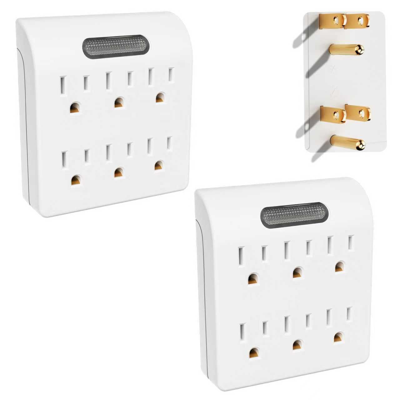 6-Outlet Extender, 3-Prong Grounded Wall Tap Adapter with LED Guide Light, 1875W Multiple Plug Electrical Outlets Splitter for Home, Office, Hotel, Travel, ETL Listed, Cruise Essentials, White