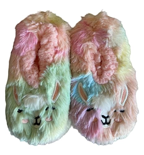 Fuzzy Babba Girls Slipper Socks Multicolor Cotton Candy Llama Style ~ Shoe size 11-2.5 ~ Sweet Llama Face Rainbow colors.2