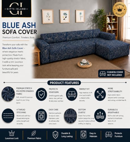 Image of Gifts Island Premium 160GSM Super Soft Blue Ash Stretchable Sofa Cover L Shape 6 Seater Fully Covered | Suitable for Both Left and Right Side Chaise Sofa (Blue Ash, 3+3 Seater)