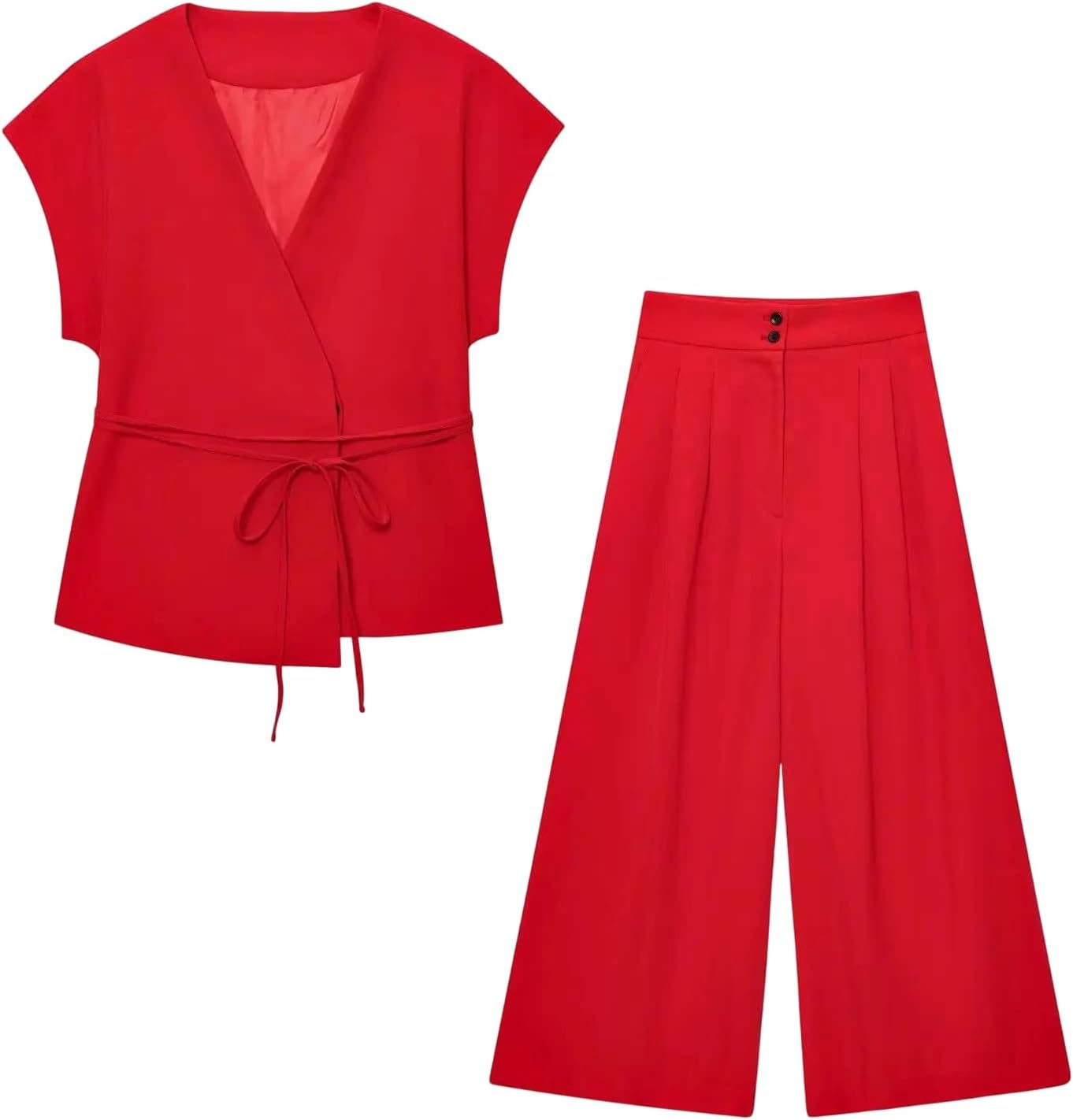 Womens Two Piece Vest and Trouser Suit Sleeveless V Neck Top with Belt Straight Pants Set