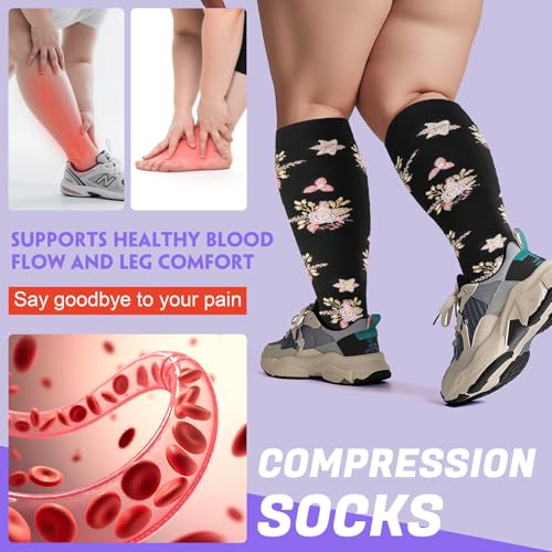 Image of 4 Pairs Plus Size Compression Socks,Extra Wide Calf 20-30 mmHg Knee High Compression Socks for Men Women Circulation