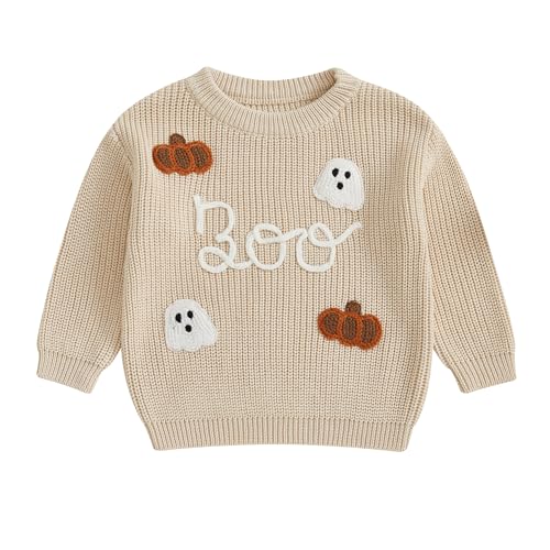 Toddler Baby Boy Girl Halloween Outfit Sweater Pumpkin Embroidery Long Sleeve Knit Sweatshirt Fall Winter Pullover (G-White, 2-3 Years)