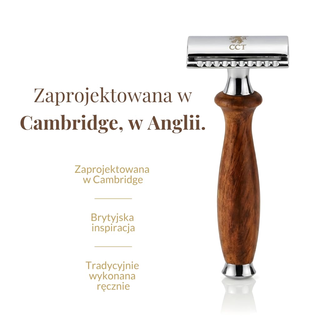Maszynka do golenia z podwójnym ostrzem The Cambridge Cutthroat®, profesjonalna, tradycyjna, z drewna Missanda, premium, do golenia, modelowania wąsów i brody, w zestawie etui podróżne