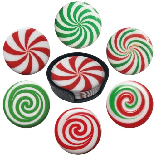 sunwarshile Christmas Candy Coasters for Drinks with Holder Round Leather Coasters Set of 6 Cups Mugs Mat Pad for Home Kitchen Bar