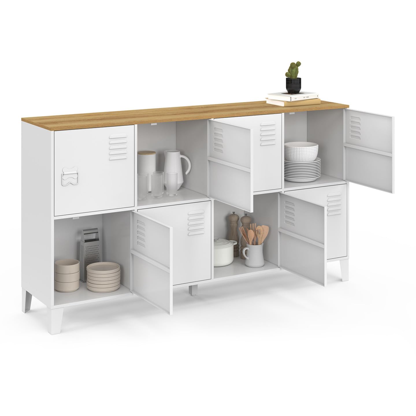 IDMarket - Aparador con taquilla de 139 cm Ester 8 puertas de metal blanco placa de madera diseño industrial