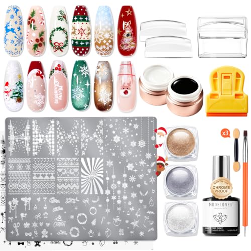 modelones 16Pcs Winter Nail Stamping Kit French Stamper Christmas Plate
