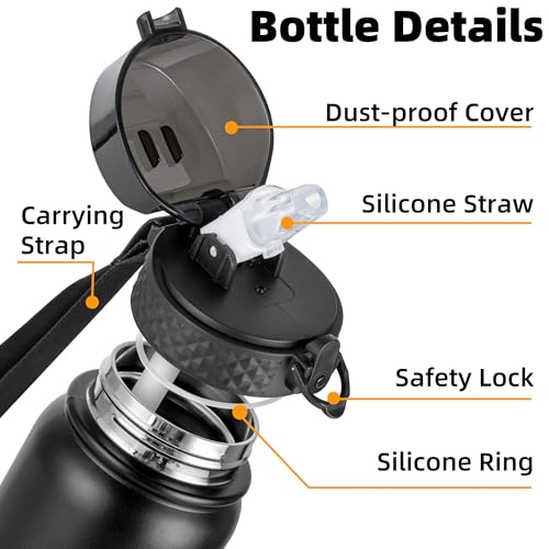 OLDLEY Stainless Steel Water Bottle with Straw 1L Vaccum Insulated Large Drink Flask Metal Water Bottles 1 Litre Leakproof Keep Drinks Hot Cold for Bike Sports Gym Adult Women Men(Black,1 Lid) - Image 3
