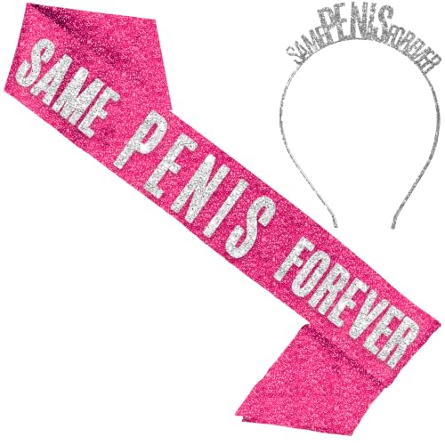 RhinestoneSash Same PenisForever Headband and Sash Pink - SET OF 2: Sparkle Same Penisis Forever Hot Pink Sash & Silver Tiara Headband - Bachelorette Party Supplies & Decorations SPF-(GltPnk/Slv)