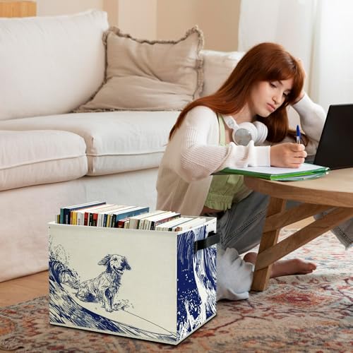 Image of Navy Blue Coastal Dog Storage Bins Box with Handles, Dog Lovers Gifts for Women Men, Nautical Surfing Dogs Collapsible Basket Organizer for Bedroom Bathroom Books Clothes