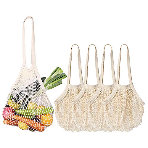 Luming Reusable Produce Bags 4 Pack Extra Long Handle Mesh Cotton Grocery Bags Eco-Friendly Washable Shopping Bags for Grocery Storage Fruit Vegetable and Farmers Market Zero Waste Beige 1614 inches