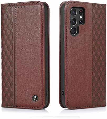TOHULLE Case for Samsung Galaxy S22 Ultra, Premium PU Leather Wallet Case Card Holder Kickstand Built-in Magnetic Closure Plaid Pattern Flip Folio Phone Cover for Samsung Galaxy S22 Ultra - Rose Gold