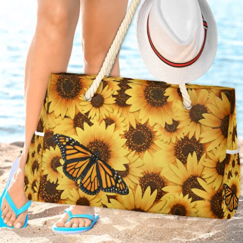 cfpolar Bolsa de praia feminina com borboleta e girassol floral, impermeável, bolsa de praia de alta