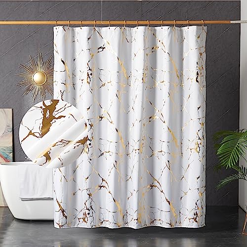 HYAWGE White and Gold Marble Shower Curtains for Bathroom Glitter Shower Curtain with Hooks Unique Foil Gold Printed Water Proof Washable Fabric Shower Curtain Standard 72x72 Inches