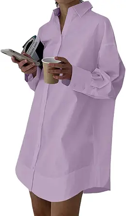  Women's V Neck Casual Shirt Dress | Collar Button Down Loose Long Sleeve Mini Dresses