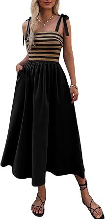 Mieazom Women Summer Tie Spaghetti Strap Striped Dresses Sleeveless Stretch Flowy Maxi Sundress Beach Dress with Pockets