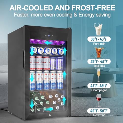 Image of 128 Cans Beverage Refrigerator Cooler, 3.2 Cu.Ft Mini Drink Fridge Glass Door for Drink Beer Soda Wine, Small Beer Fridge with 4 Removable Shelves for Kitchen Bedroom, Office Bar Gaming Room, Black