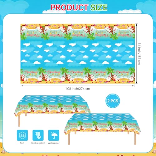 Christmas in July Decorations Tablecloth, 2 Pcs Summer Xmas Table Cloth, 108 x54 Inch Disposable Plastic Christma Table Covers for Summer Beach Hawaiian July Christmas Party Supplie Decorations — view 3