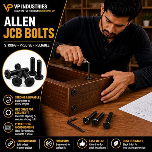 Image of By inchVP INDUSTRIES inch (Pcs-25) M6x35mm Allen JCB Flat Head Screw Black Zinc Plated High Tensile | Allen key Head Screw for Modular Furniture, Wooden Work, Electrical Fittings, DIY & Industrial Use