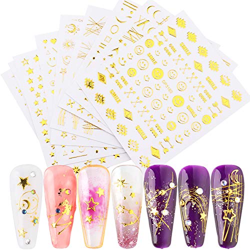 Mairs 8 Sheets Gold 3D Nail Stickers for Women Manicure DIY Nail Decals Art Design, Metallic Stars Moon Smiling Face Curve Stripe Line Mixed Pattern for Nail Charms Decorations