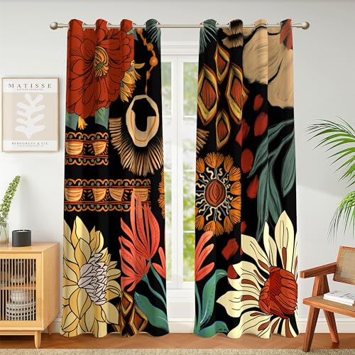 Tyrot 100% Blackout Black Boho Floral Curtains for Living Room 84 inch Long 2 Panels Farmhouse Mid Century Black Out Curtains for Bedroom Grommet Thermal Insulated Room Darkening Window Drapes,52Wx84L