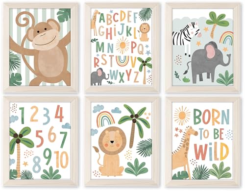 Décoration murale pour chambre d'enfant garçon safari : 6 affiches animaux vintage