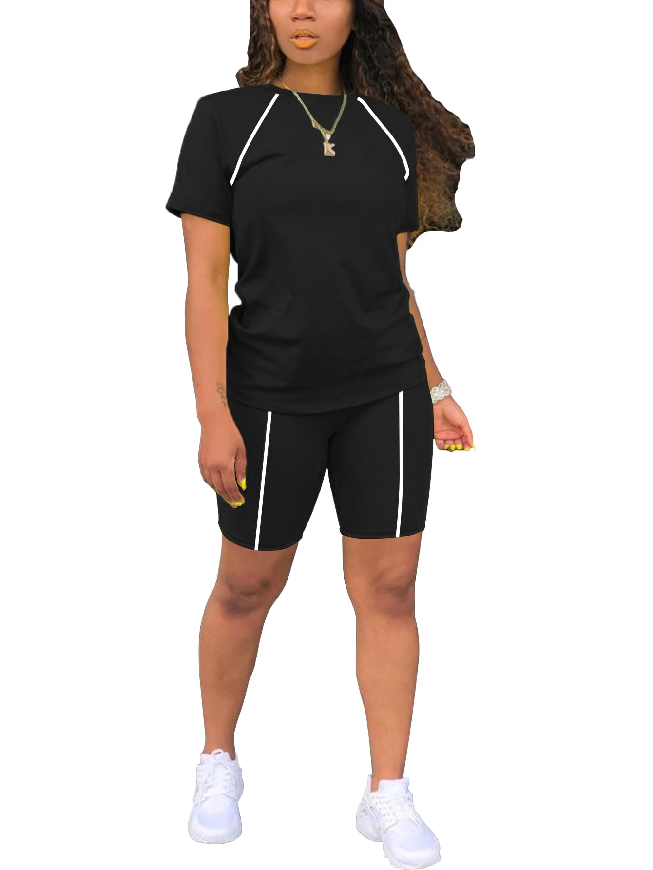 Women 2 piece Short Sets Classic Striped Outfits Summer Casual Short Sleeve T-Shirt and Short Jogger Tracksuits Sets-image-19